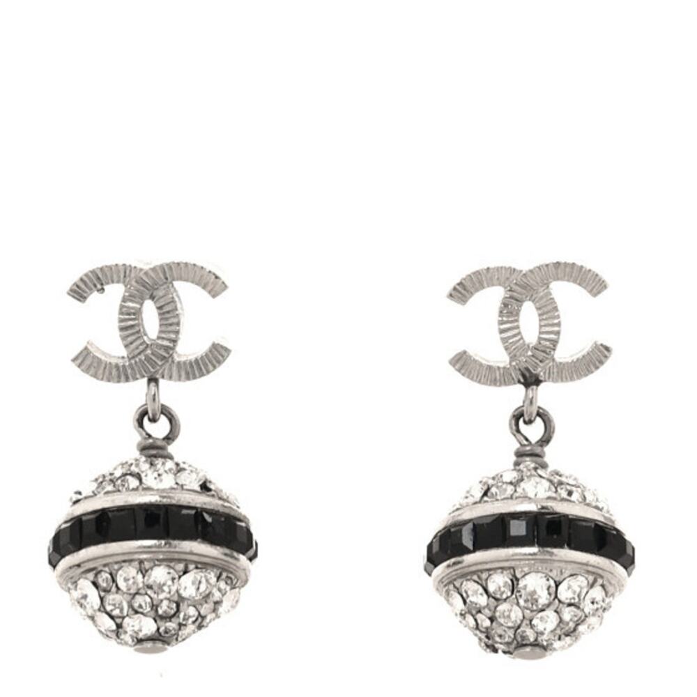 CHANEL Silver Crystal Ball Embellished Black Center Trim Post Dangle Earrings CC